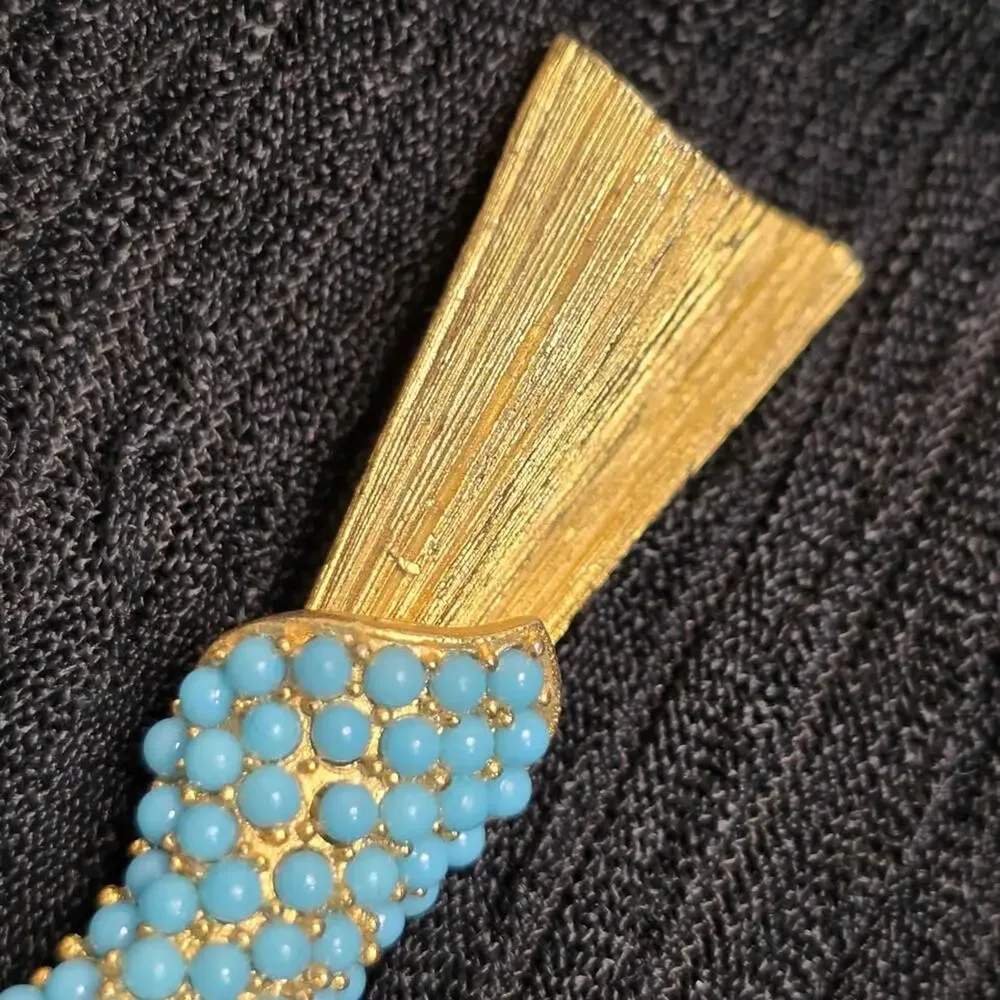 Vintage Gold Tone Brooch Blue Bow Mid Century Retro Unsigned